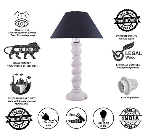 Image of Homesake Handcrafted Wooden Table Lamp for Bedroom & Living Room|Decorative Bedside Reading Lamp, E27 Holder|Bulb Included |Twister White Wooden Rustic for Home Decor, Black Cone Shade