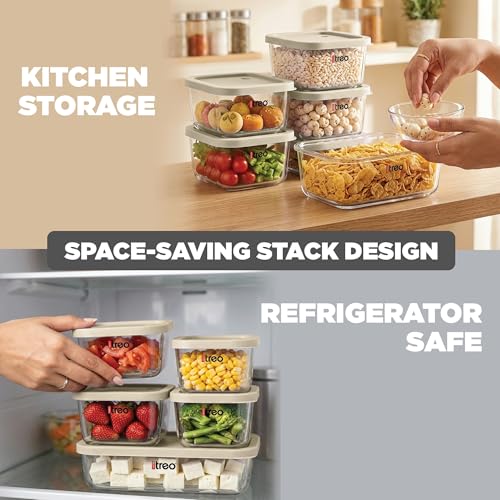 Image of Treo By Milton Nutri Borosilicate Glass Containers for Fridge Storage Set of 6 (1 x 1200ml, 1 x 750ml, 2 x 520ml, 2 x 310ml) Stackable Glass Container with Lid, Microwave & Dishwasher Safe, Beige