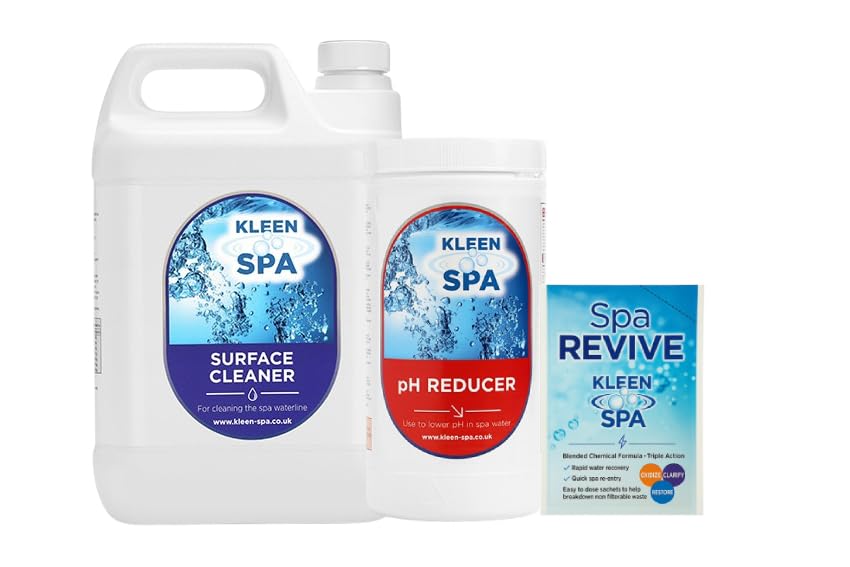 Kleen Spa Revive Hot Tub Shock Treatment 35g Sachet & Hot Tub pH Down 1KG & Hot Tub Surface Cleaner 5L