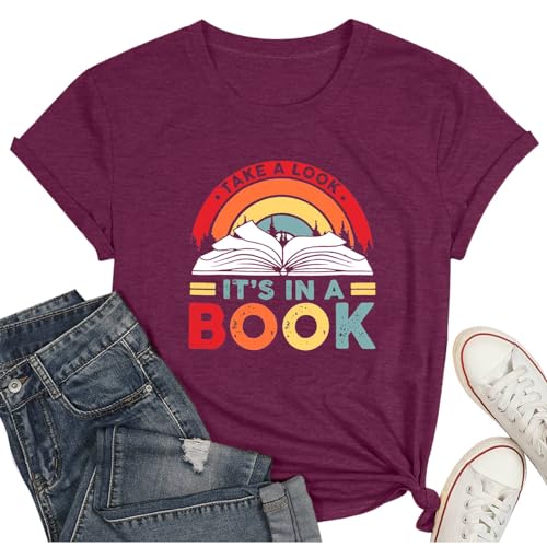 WEITUN Take a Look It's in a Book Shirt for Women Funny Reading Rainbow Graphic T Shirt Book Lover Gift Tee Tops
