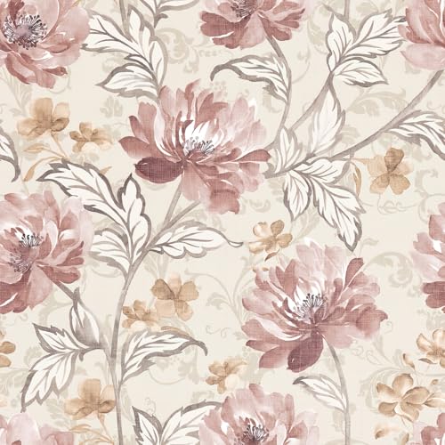 VaryFloral Blumentapete Rosa Rugosa Wandtapete Selbstklebend 30.5cmx300cm Klebefolie Möbel Blaue Blume Tapete Selbstklebend Vintage Aquarell Folie für Möbel Wasserdicht Fototapete Wohnzimmer Kabinett