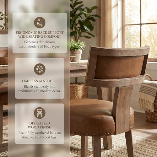 Image of HNY Mid Century Modern Dining Chairs Set of 6, Farmhouse PU Leather Upholstered Accent Chairs Curved Nailhead Trim Backrest Kitchen Chairs, with Hardwood Frame, Brown