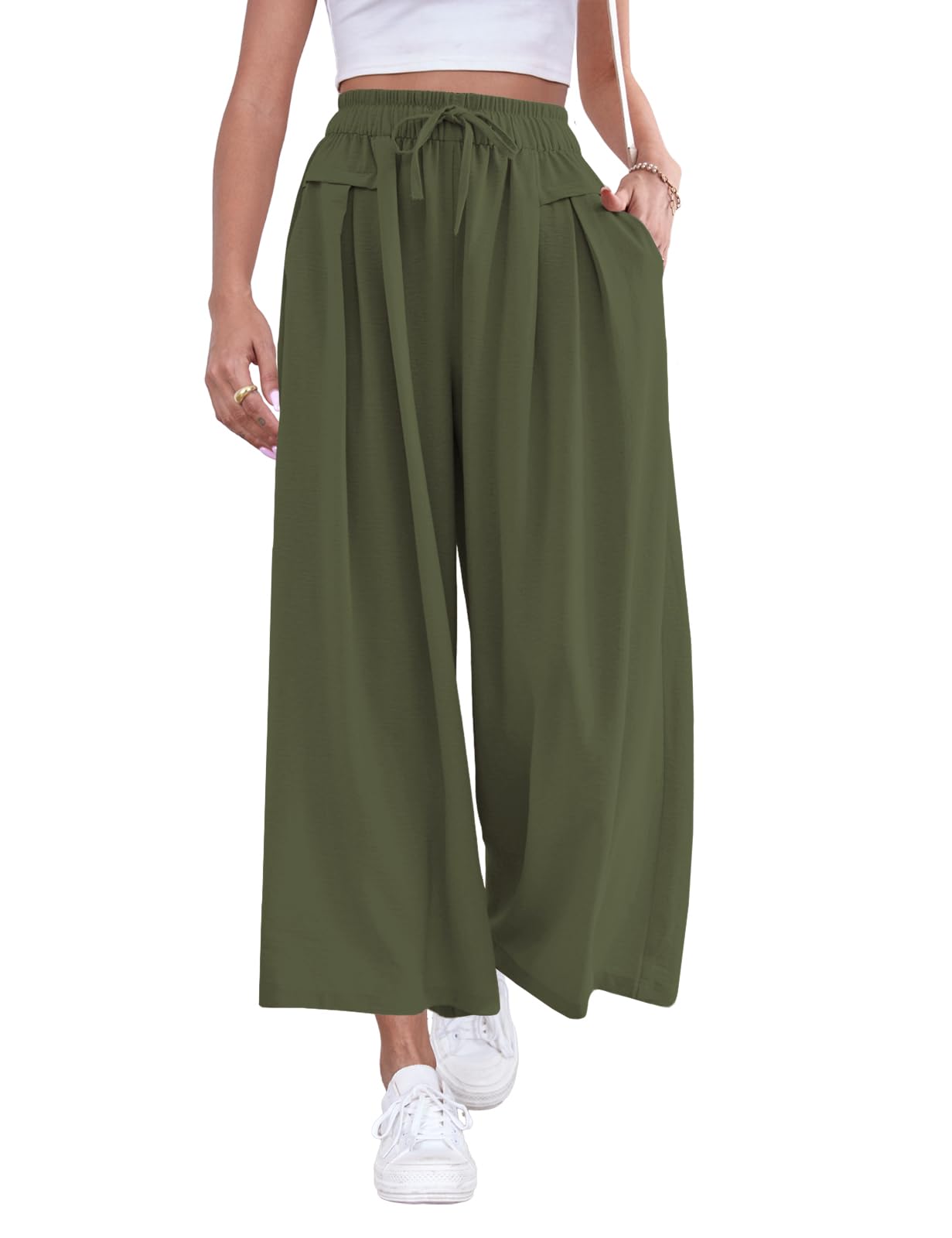 ZJCT Pantalones palazzo de pierna ancha para mujer, pantalones de playa de verano, holgados, casuales, pantalones de pijama para yoga, con bolsillos, Verde militar, Medium