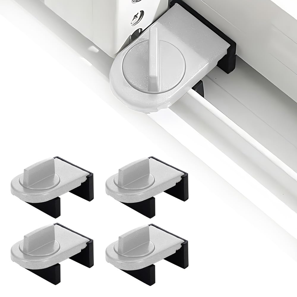 FEIHS Door 4 Pcs Door Window Lock Stopper, Sliding Window Lock, Sliding Windows Door Locks, Adjustable, No Drill Needed, for Bedroom, Kitchen, Living Room Sliding Doors and Windows (Silver)
