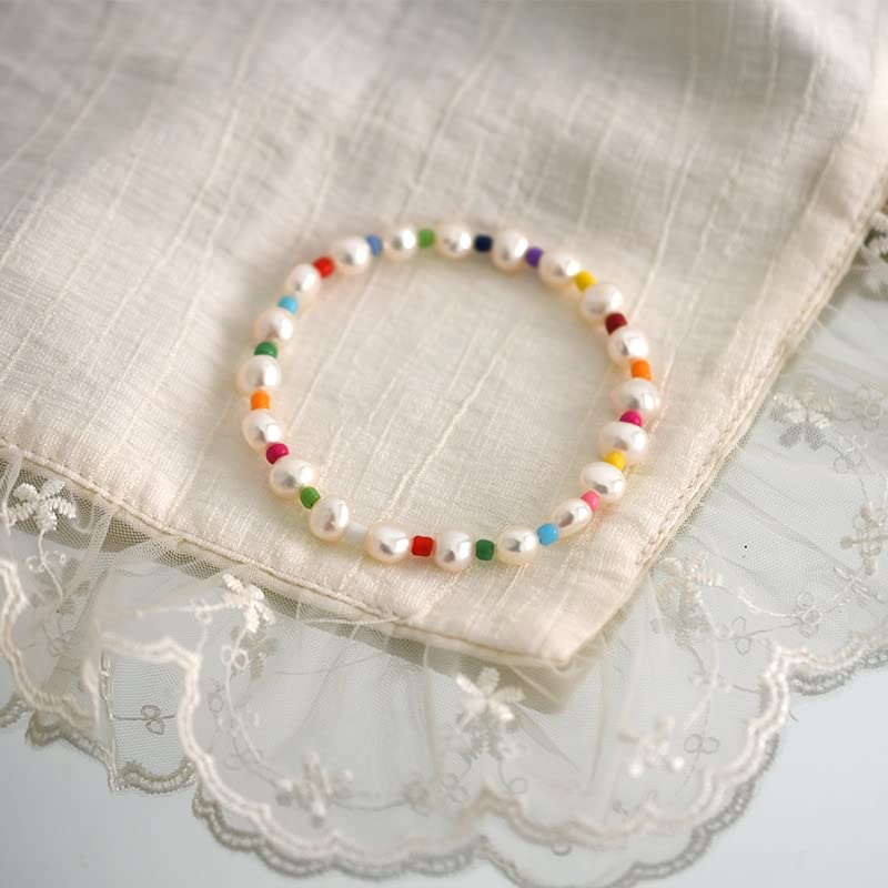 Girls Accessories Pulsera de Perlas Naturales de Agua Dulce para niña, Hechos a Mano nuevos, Pulsera Bohemia para Mujer, Pulsera elástica de Color Caramelo Birthday Gift
