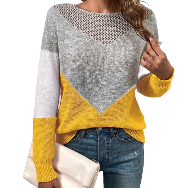Women Fall Crochet Tops Crewneck Knit Sweater Color Block Hollow Out Shirt Long Sleeved Pullover Shirts Tops