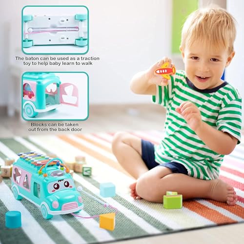 Image of LONGMIRE Plastic Musical Happy Bus Toy Baby Toys 6-18 Months with Xylophone & Shape Sorter Push & Pull Educational and Learning Toys for 1 2 3 4 5 Year Old Gift for Toddlers-Blue
