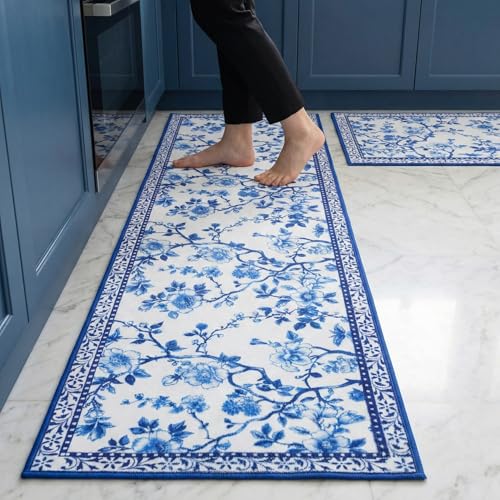 Drydiet 2 Pcs Blue and White Chinoiserie Kitchen Mat Floral Rugs Washable Cute Aesthetic Soft Mats Non-Slip for Kitchen Party Seasonal Home Entrance Decor