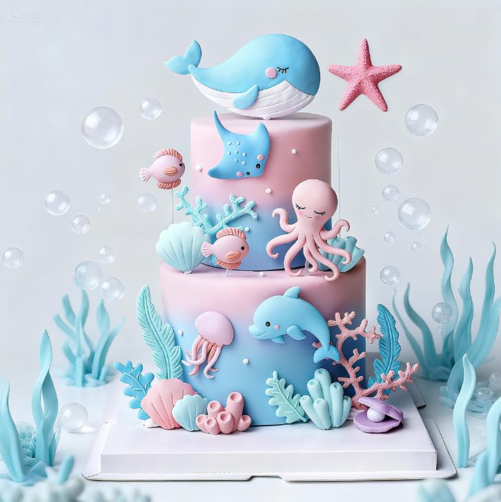 Adorno para Tarta Criaturas Marinas, Kit de Decoración de Pastel Temática Océano con Ballena, Delfín, Medusa, Pulpo，Cake Topper Animales Marinos, para Fiesta Infantil Cumpleaños