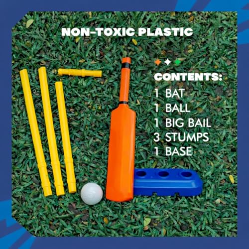 Image of SPRAWA Kids Cricket Kit Set for Children | Plastic Cricket Bat Ball & 3 Stumps with Bail | Lightweight Indoor & Outdoor Cricket Toy Kit for Boys & Girls | Safe Fun Sports Game Set (Orange Big Bat)