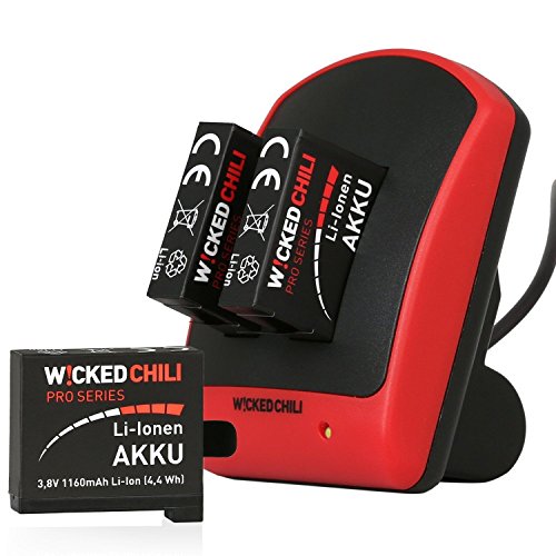 Preisvergleich Produktbild Wicked Chili GoPro Hero4 5in1 Set - Duo Ladegerät + 3 Akkus (Pro Series Batterie 1160mAh Typ AHDBT-401) + microUSB auf USB-A Ladekabel (für Hero4 Silver / Hero4 Black Actioncam), 5in1 Set - Dual Charger + 3x Akku + Ladekabel