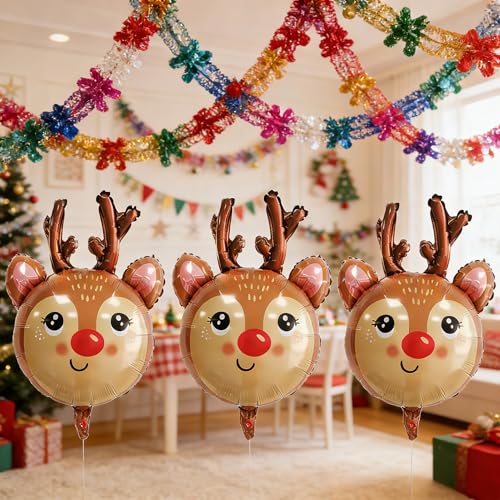 Image of Reindeer Balloons Christmas Balloons Elk Deer Head Foil Balloons for New Year Christmas Themed Party Decoration Supplier, Birthday Party Festival Balloons Sets 3Pcs