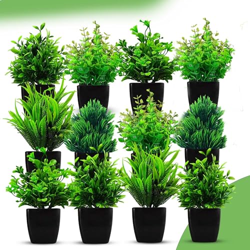Image of Small Potted Faux Plant, Pack of 12 Artificial Plant with Pot, Plastic Green Fake Plants, Indoor Plants, Gift Item, Living Room Decoration, Balcony Decration, Office Decor