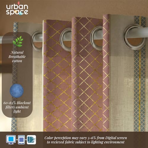 Image of Urban Space 100% Cotton Curtains with Gold Foil Print | Upto 60% Light Blocking Window Curtain 5 feet I Set of 2 Decorative Curtains with Eyelets and Tieback (Zari Jaal Dusty Pink Gold - 5 feet)