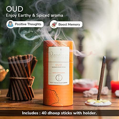 Image of Nirmalaya Premium Serene, Oud, Joy Bambooless Dhoop Sticks (120 Sticks) with Ceramic Stand Sacred Temple Flower | 100% Charcoal-Free | for Pooja, Meditation, Yoga & Home Fragrance