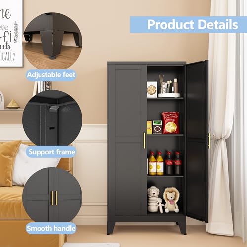 Image of Black Kitchen Pantry Cabinets, 48 inch Metal Storage Cabinet for Office