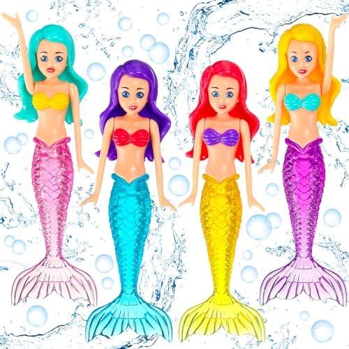 KOWVOWZ 4 PCS Mermaid Dive Bath Toys, Diving Mermaid with Sparkle Tails Swimming Pool Dive Toys, Fish Toys Underwater Diving Training Gifts for Kids Swim Party Favors