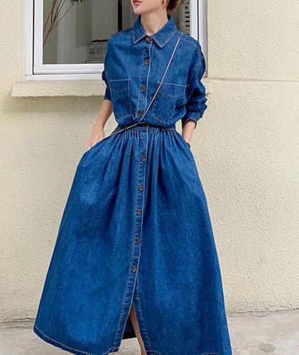 Sexyshine Women's Denim Dress Lapel Button Down Long Sleeve A Line Jeans Maxi Dress Plus Size Denim Shirt Dress with Pockets3