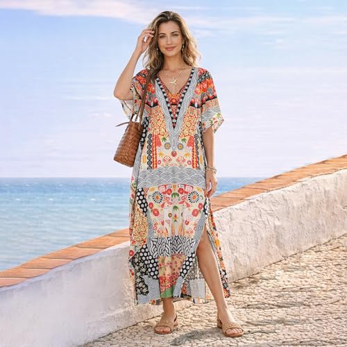 Image of Miss Lavish London Black Kaftan Dresses for Women V Neck Batwing Sleeve Beach Vacation Bikini Swimsuit Cover Ups, Ethnic Print Plus Size with Side Slits & Pockets, Resort Wear Cruise Coverup-Black-M