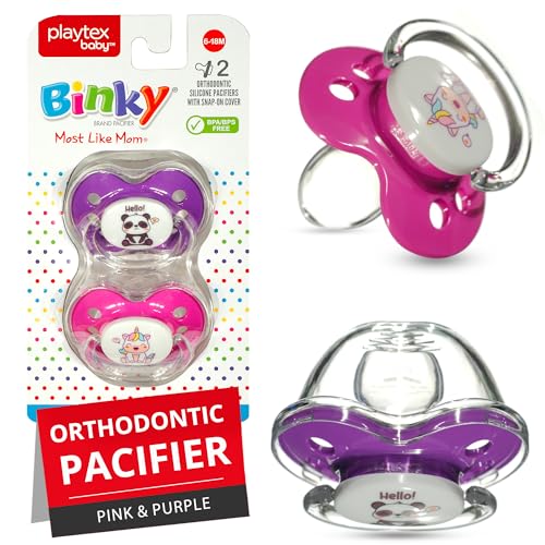 Playtex Baby Binky Orthodontic Pacifier with Air Comfort Shield, Medical Grade Silicone, Pink & Purple, 2 Count