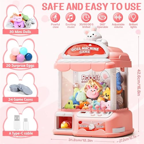 Image of Claw Machine for Kids, 30 Toys & 24 Game Coins & 20 Surprise Eggs | Musical Electronic Arcade Game Console Kids Claw Machine with Adjustable Sound, Christmas and Birthday Gift