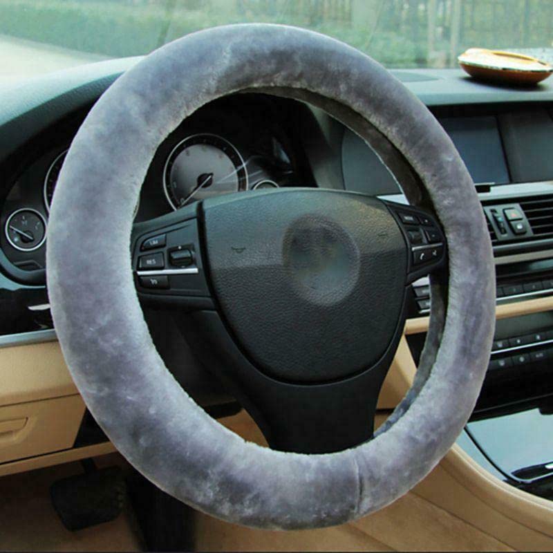 Funda de volante de felpa para volante de 37 a 39 cm de diámetro, accesorios para interior de coche, color rosa/negro/gris