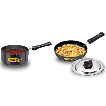 Hawkins - Is20 Futura Cookware Hard Anodised Ezee Pour Saucepan 2 Litre & Hawkins Futura Hard Anodised Round Frying Pan with Lid, 22Cm