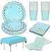 24 Invitados Platos Desechables Cumpleaños Azul Platos y Vasos Desechables Biodegradables Servilletas Pajitas Mantel Fiesta Cumpleaños Baby Shower Niño Aniversarios Compromiso Platos Azul y Dorados
