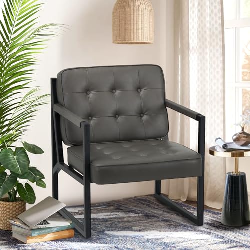 Image of COLAMY Modern Accent Chair, Accent Arm Chair for Living Room, Comfy Leather Armchair with Metal Legs for Bedroom Reception Waiting Room, Grey