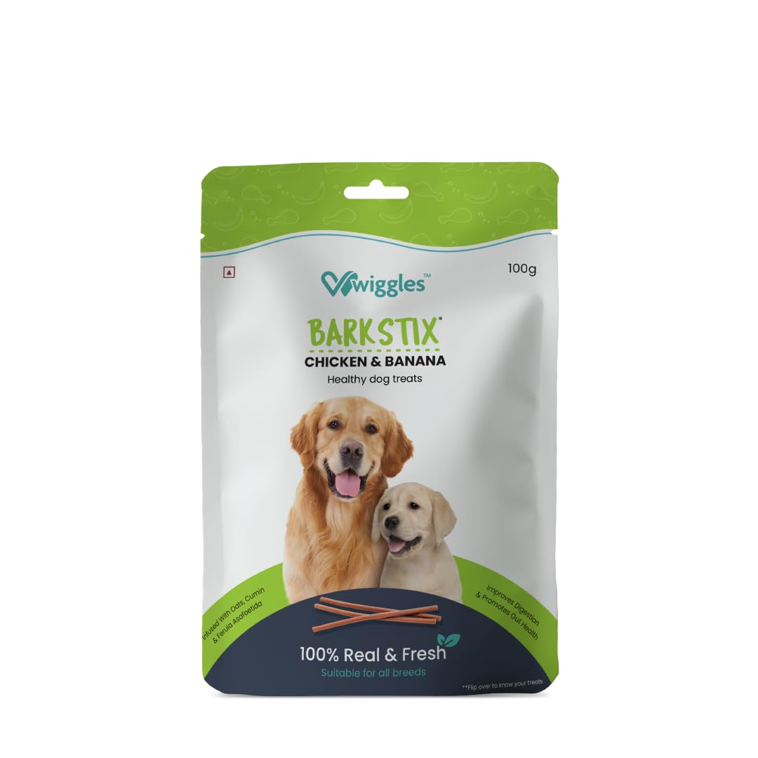 Wiggles Barkstix Dog Treats (Chicken & Banana, 100G) | Fresh Chicken Soft Chew Sticks for Training Adult Puppies | Improves Digestion & Promotes Gut Health with Oats & Cumin | for All Breeds