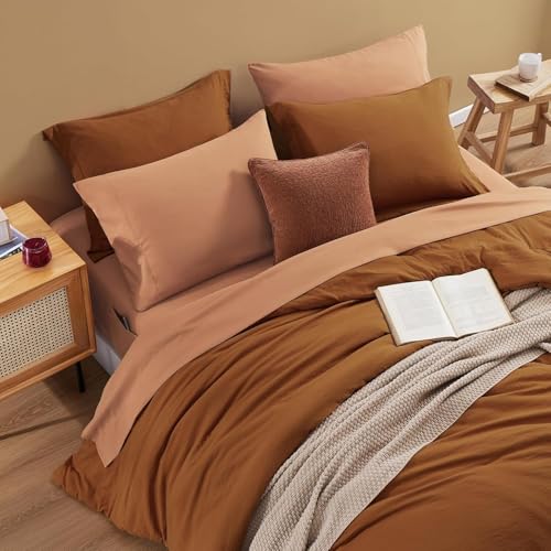 Image of King Size Comforter Set- 7 Pieces Prewashed Bed in a Bag King Bedding Sets | Soft All Season Comforter with Sheets, Pillow Shams & Pillowcases,Terracotta
