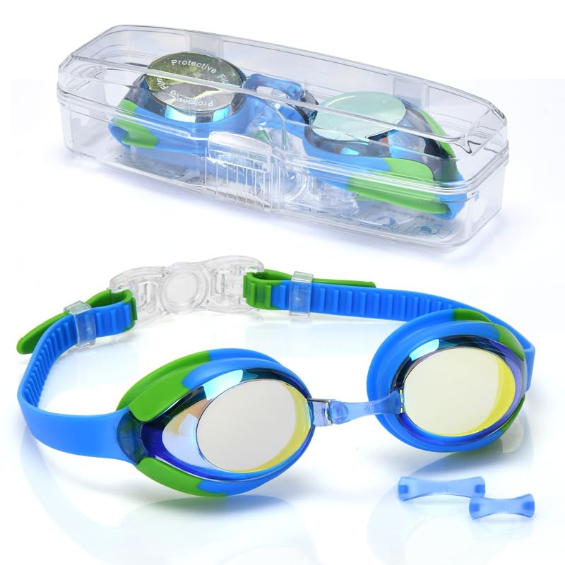 Secuinu Kids Swim Goggles for Toddler Kids - Youth Anti-Fog Waterproof Anti-UV Clear Vision Water Pool Goggles（(Age 3-12) (Blue Green)