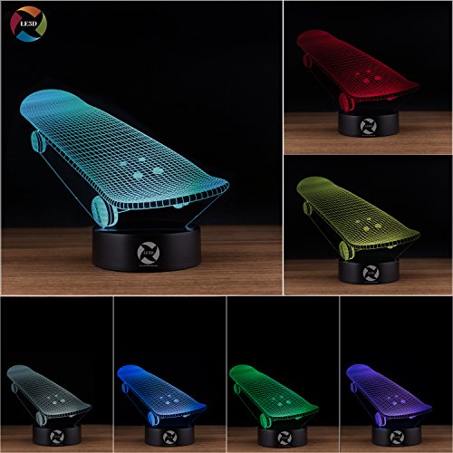 3D Optical Illusion Night Light - 7 Led Color Changing Lamp - Cool Soft Light Safe For Kids - Solution For Nightmares - Skateboard #TOP1