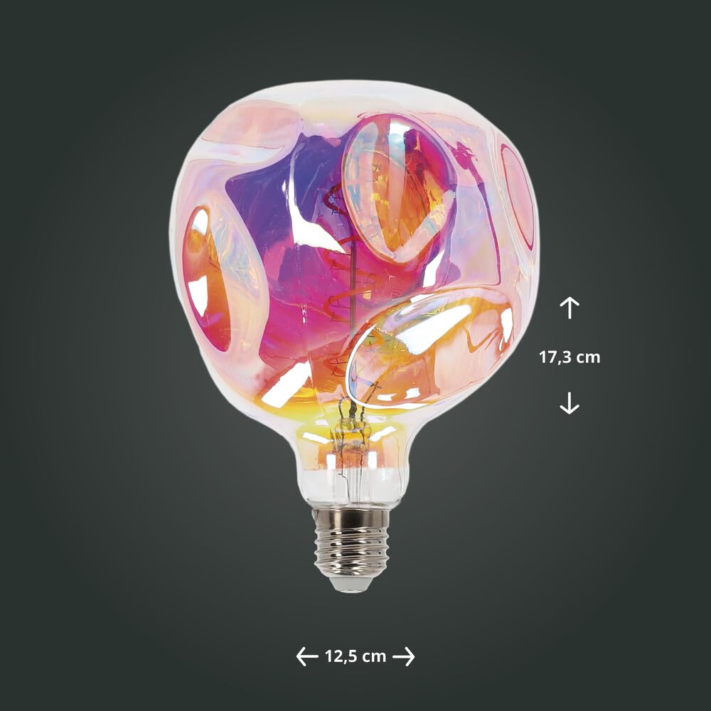 LED Deko-Leuchtmittel Spiral-Filament Glühlampe "Alien" kugelförmig multichromatisch verspiegeltes irisierendes Glas Sockel E27 4W G125 1800K/Amber 250lm Ø125xH173mm