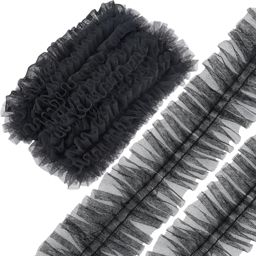 GORGECRAFT 10 Yards 6cm Wide Pleated Lace Edge Trim Embroidery Ruffle Organza Mesh Chiffon Ribbon Gathered Tulle Fabric Applique Edging Trimmings for Sewing Bridal Dress Costume Decoration Craft Black