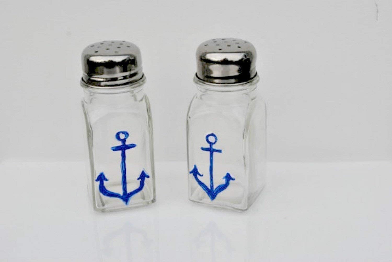 Navy Blue Anchor Glass Salt and Pepper Shaker Set