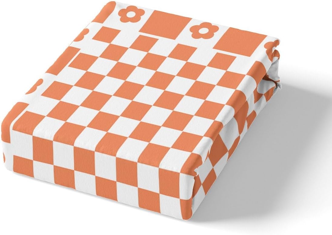 Checkered Lattice Duvet Cover Set Toddler Size,Geometric Plaids Grids Squares Bedding Set,Boys Girls Room Decor,Cute Daisy Cartoon Flowers Comforter Cover,Orange Quilt Cover,1 Pillowcase(No Filler)