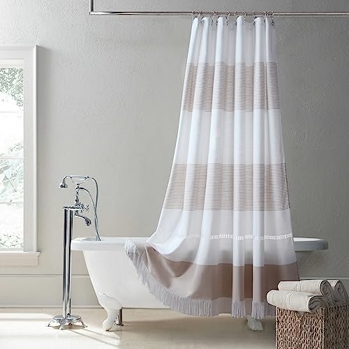 BESTRIPES Farmhouse Tassel Shower Curtain, Taupe and White Stripe Shower Curtain with Boho Hand-Knitted Patterns, Heavy Weighted Fabric Waterproof Shower Curtains for Bathroom Decor, 72' W x 72' H