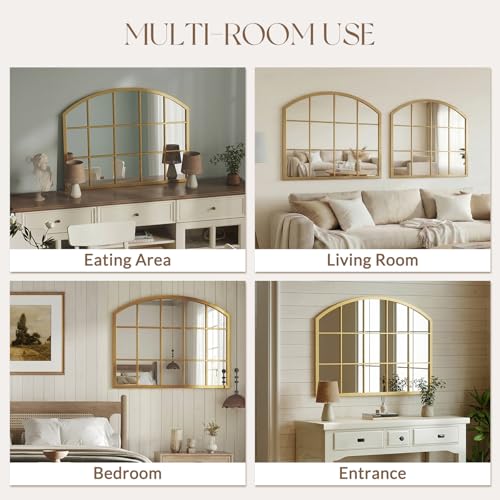 Image of Uniclinens Window Arched Wall Mirror - Gold Window Pane Mirror Decor with Metal Frame, Farmhouse Ideal Decor for Entryway, Bedroom, Living Room, Bathroom 32 inchX24 inch