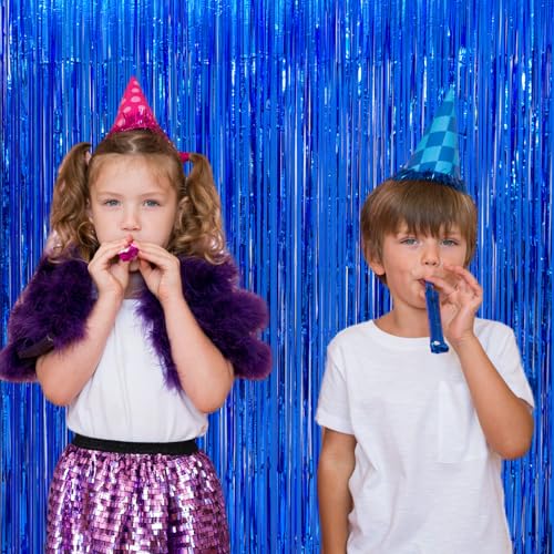 Image of 4 Pack Dark Blue Foil Fringe Curtain, 13.2x6.6ft Glitter Tinsel Streamers Backdrop, Photo Backdrop for Birthday, Baby Shower, Summer Party, Graduation | Blue Streamers Party Decorations