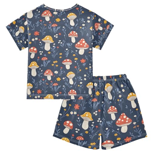 ALAZA Mushroom Flower Navy Blue Pajamas Set Short Sleeve Cotton Sleepwear Summer Pjs 2 Piece 5-14Y2