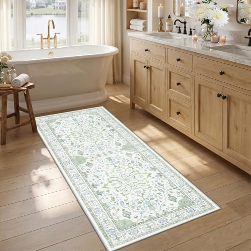 RELEANY Washable Area Rug, Runner 2'6"x5', Green/White/Blue