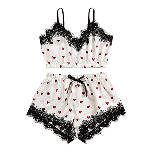 Yue668 Pyjama en Satin pour Femme Sexy Caraco Imprimé Doux + Short Pyjama Deux Pièces, Pyjama à Coutures en Dentelle De Soie Simulation pour Femme Camisole à Col en V Cover