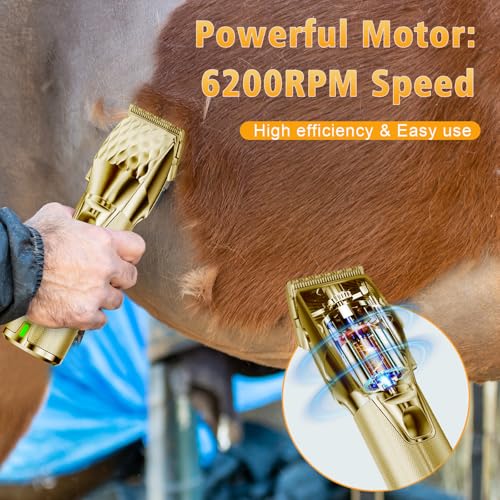 GHWMYD Schermaschine Pferd Kabelloses, Wiederaufladbare Pferdeschermaschine für Dickes und Verfilztes Haar, Professionelle Pferdetrimmer mit 6200RPM Leistungsstarkem Motor, Leichtgewicht 400g