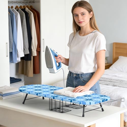 Image of Small Ironing Board Tabletop with Iron Holder, Foldable Mini Iron Board with Iron Rest, Hook for Wall /Door Hanging, Dirt & Heat Resistant Cover, Portable for Home Apartment Travel Laundry Room Sewing