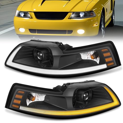 ELH LED DRL SEQ Headlight Assembly Replacement For 1999-2004 Ford Mustang 1999 2000 2001 2002 2003 2004 99 00 01 02 03 04 Ford Mustang Headlight Black Housing Amber Reflector LED Projector