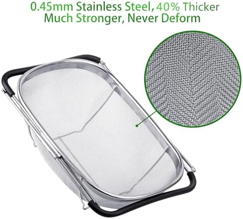 Tiawudi 6-Quart Large Over The Sink Colander, Heavy Duty 40% Thicker 18/8 Stainless Steel Fine Mesh Strainer Basket with Expandable Rubber Grip Handles - Strain, Drain, Rinse Fruits, Vegetables - Thumbnail 3