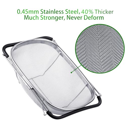 Tiawudi 6-Quart Large Over The Sink Colander, Heavy Duty 40% Thicker 18/8 Stainless Steel Fine Mesh Strainer Basket with Expandable Rubber Grip Handles - Strain, Drain, Rinse Fruits, Vegetables - Image 4