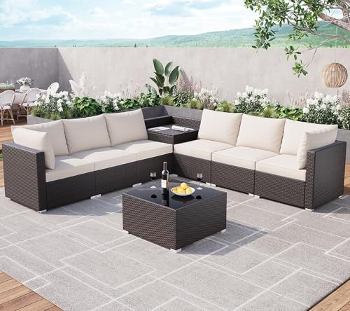 Image of GAOMON 8 Piece Patio Furniture Set, Wicker Outdoor Sectional Sets, Glass Top Table with Hidden Storage, Patio Conversation Furniture Sets for Garden Poolside Backyard