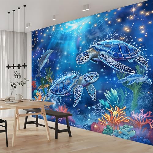 Générique 3D Panoramique Murale Tortue De Mer Bleue 400x280 cm Papier Peint Intissé pour Salon Chambre Enfant Chambre Décoration Murale Poster Tableaux...